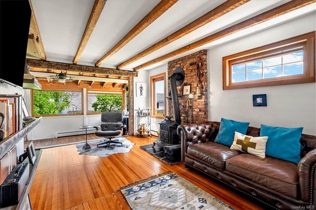 living room with wood stove