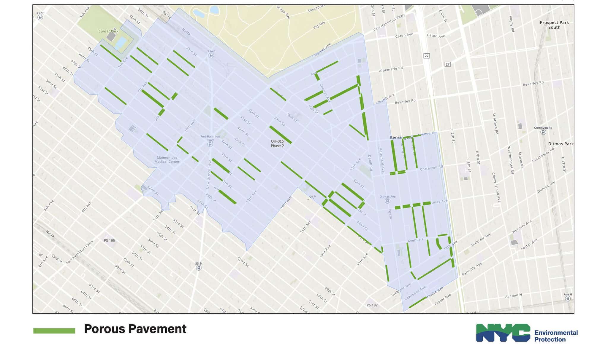 map with green lines marking porous pavement