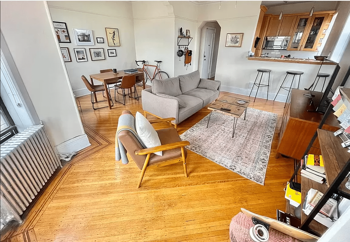 prospect heights - living room with wood floor, passthru to kitchen