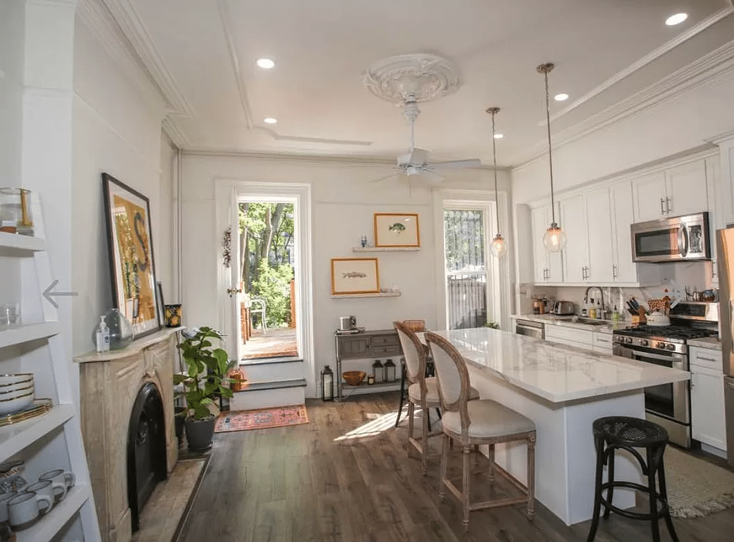 kitchen with marble mantel