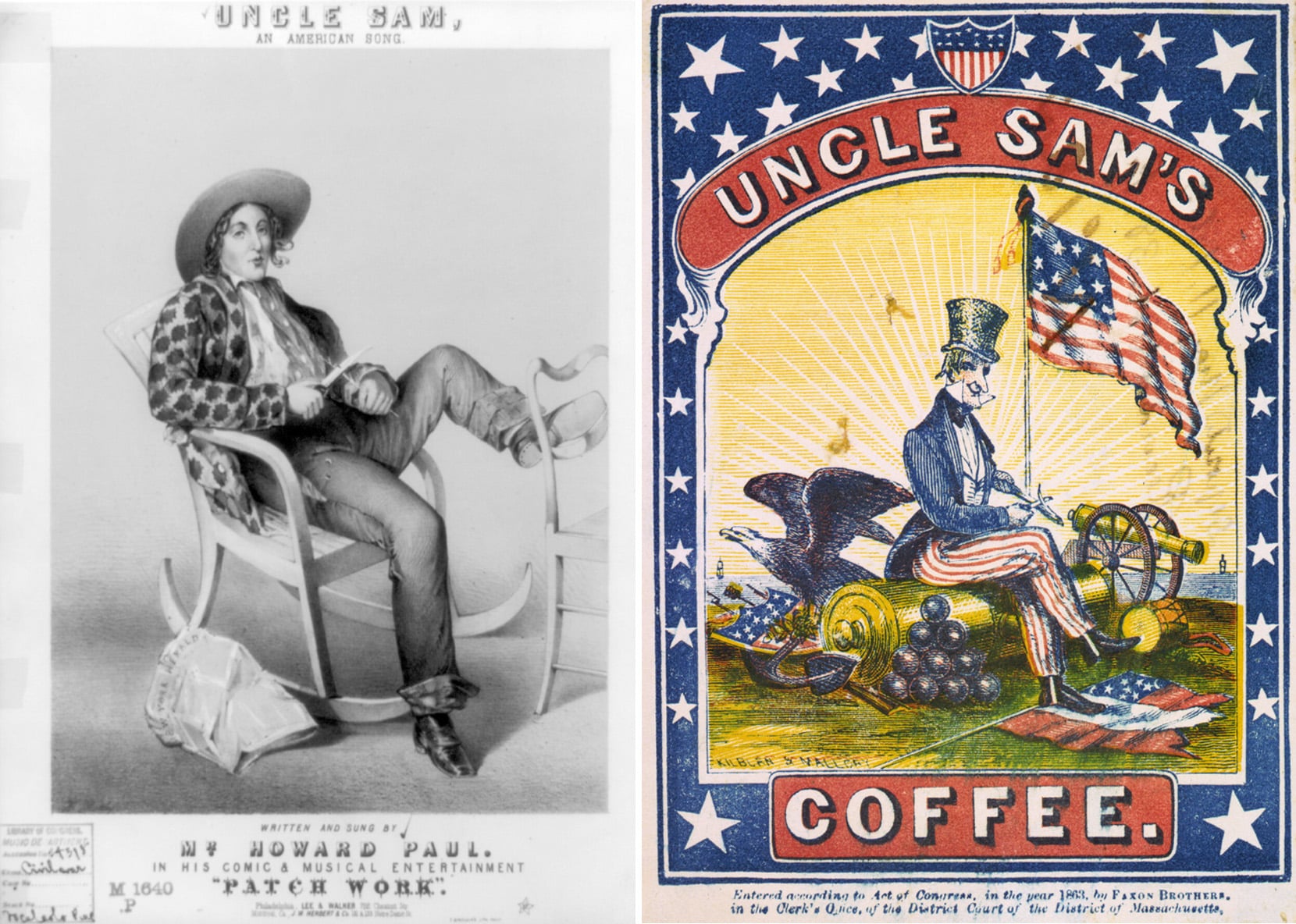 a black and white sketch of uncle sam and a color illustration on a coffee label