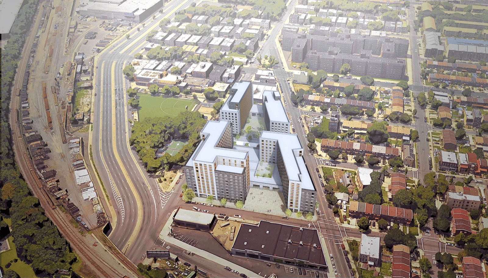 affordable housing - rendering showing aerial view of a multi-building housing development