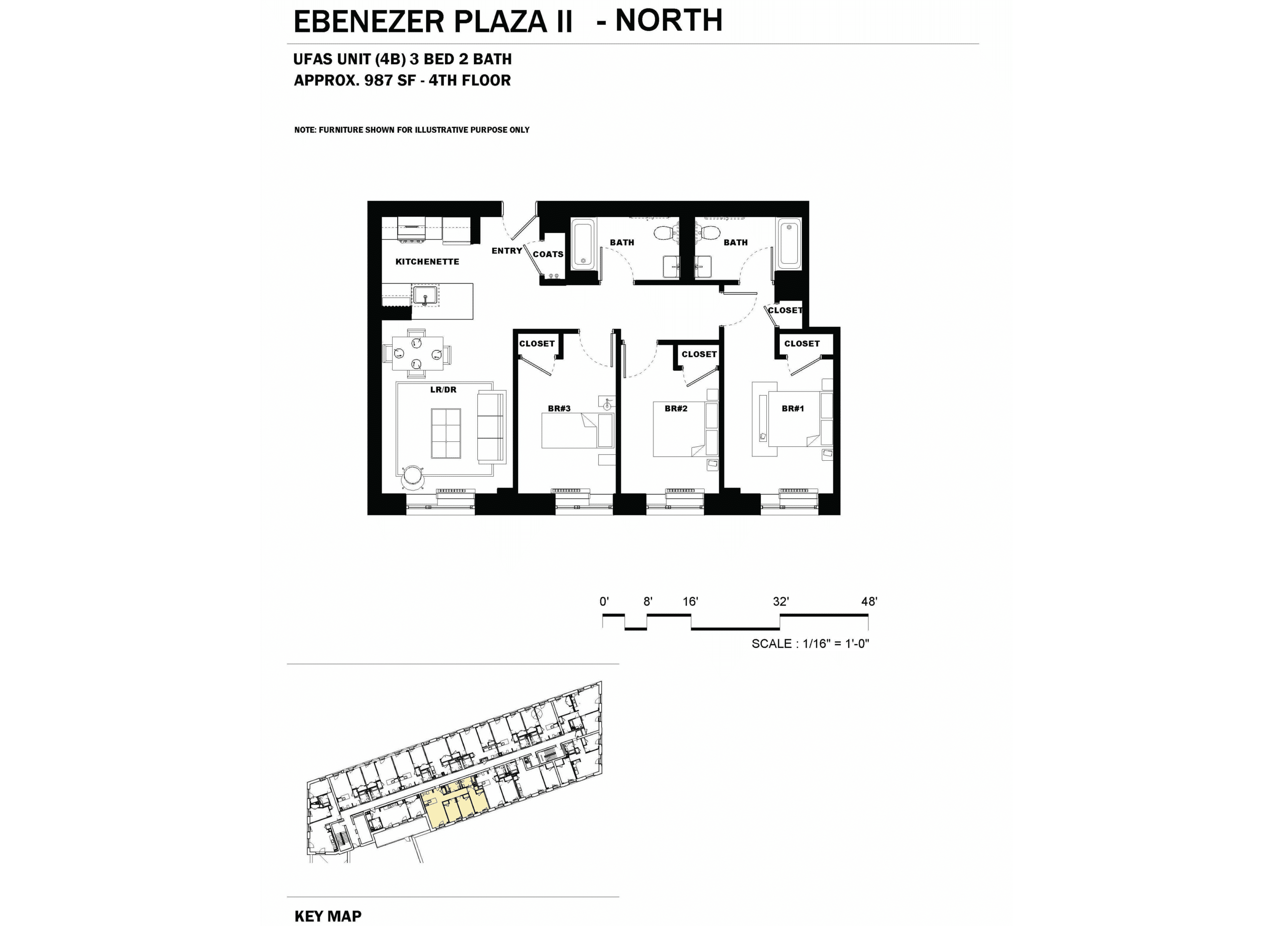 floor plan showing three bedrooms, 2 baths