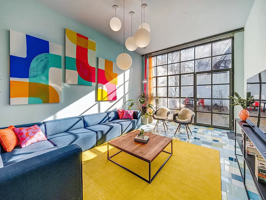 brooklyn - living room with wall of glass, colorful tile floor