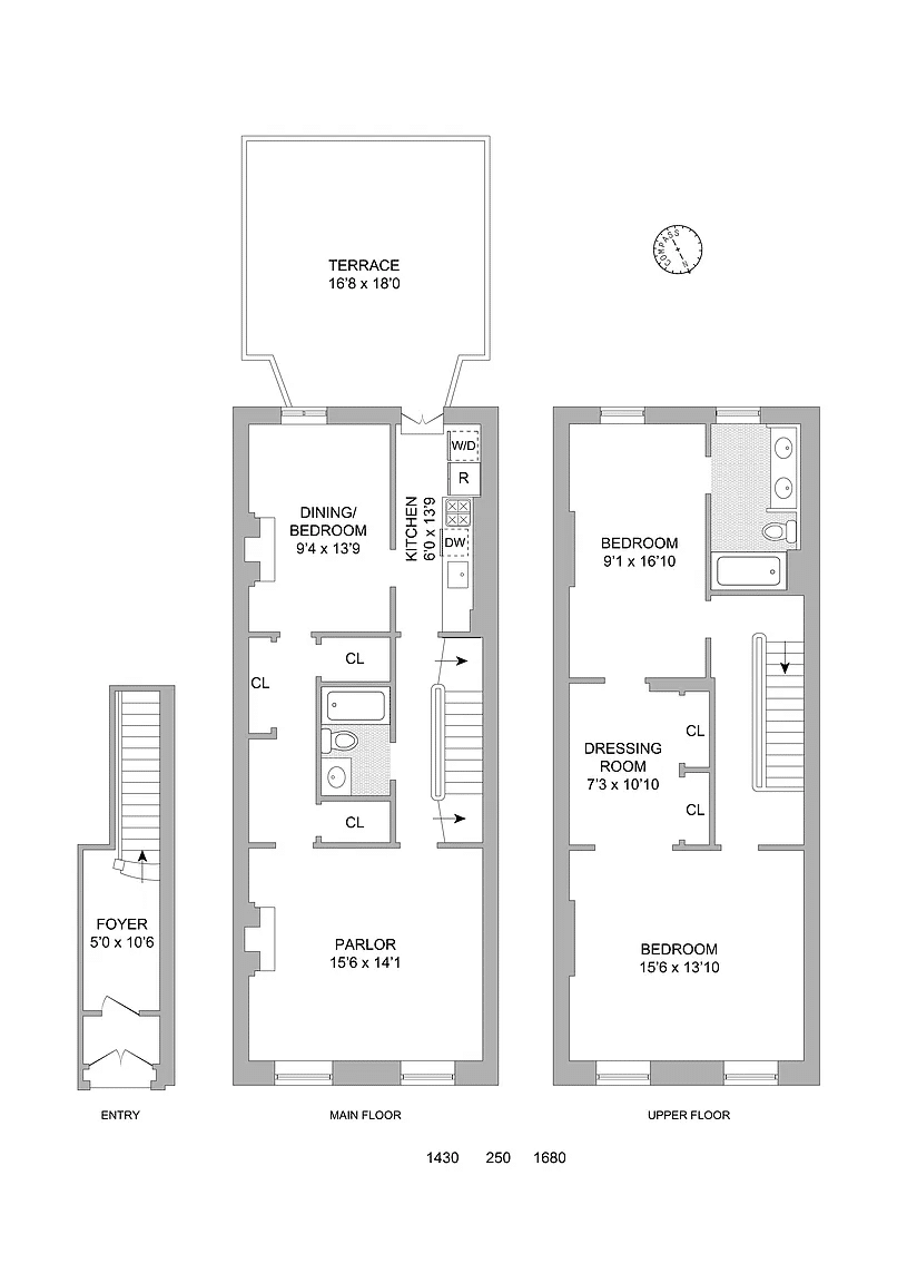 Duplex floor plan with two bedrooms and two bathrooms