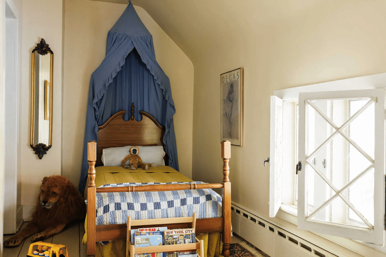 narrow bedroom with casement windows