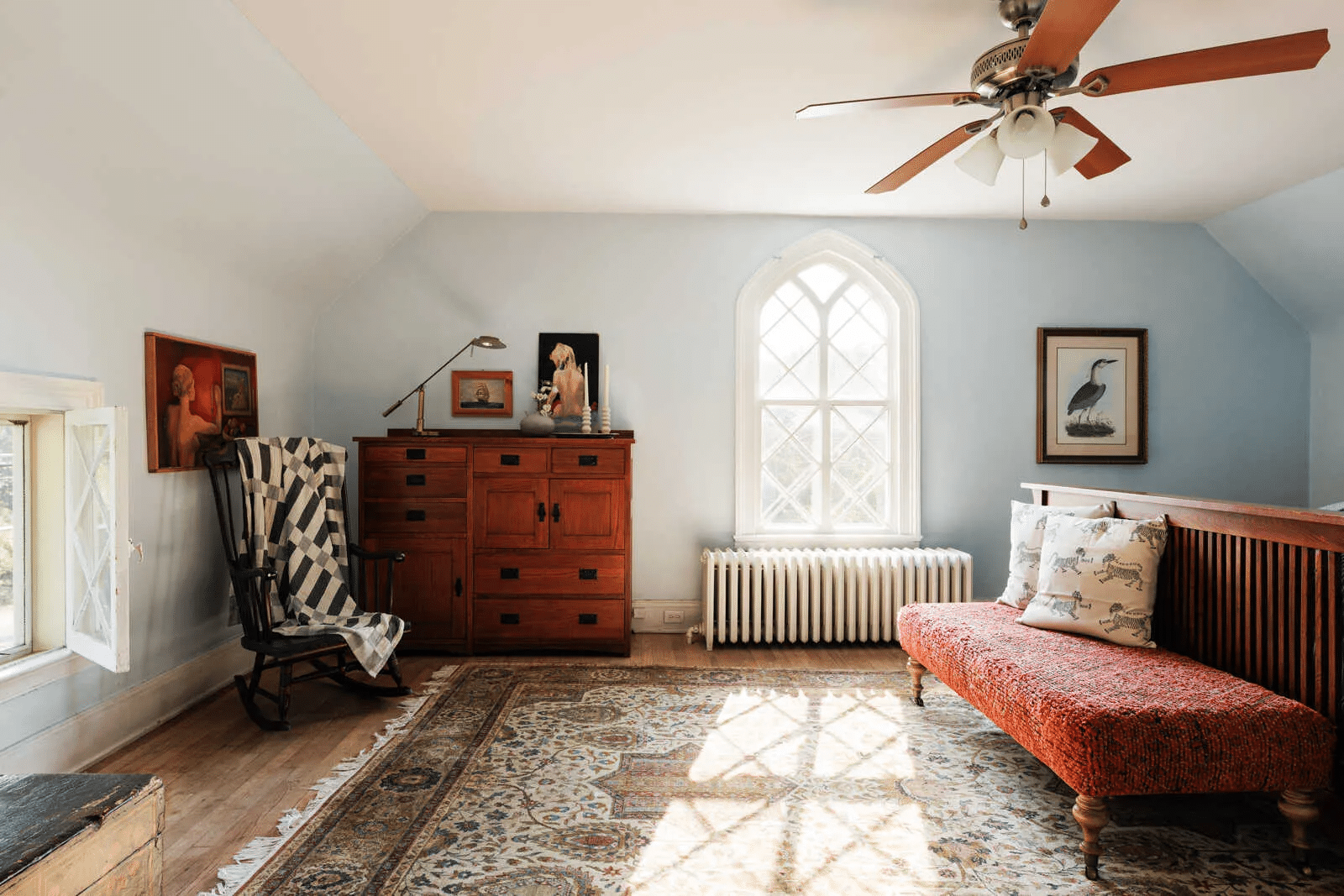 bedroom with gothic arch window