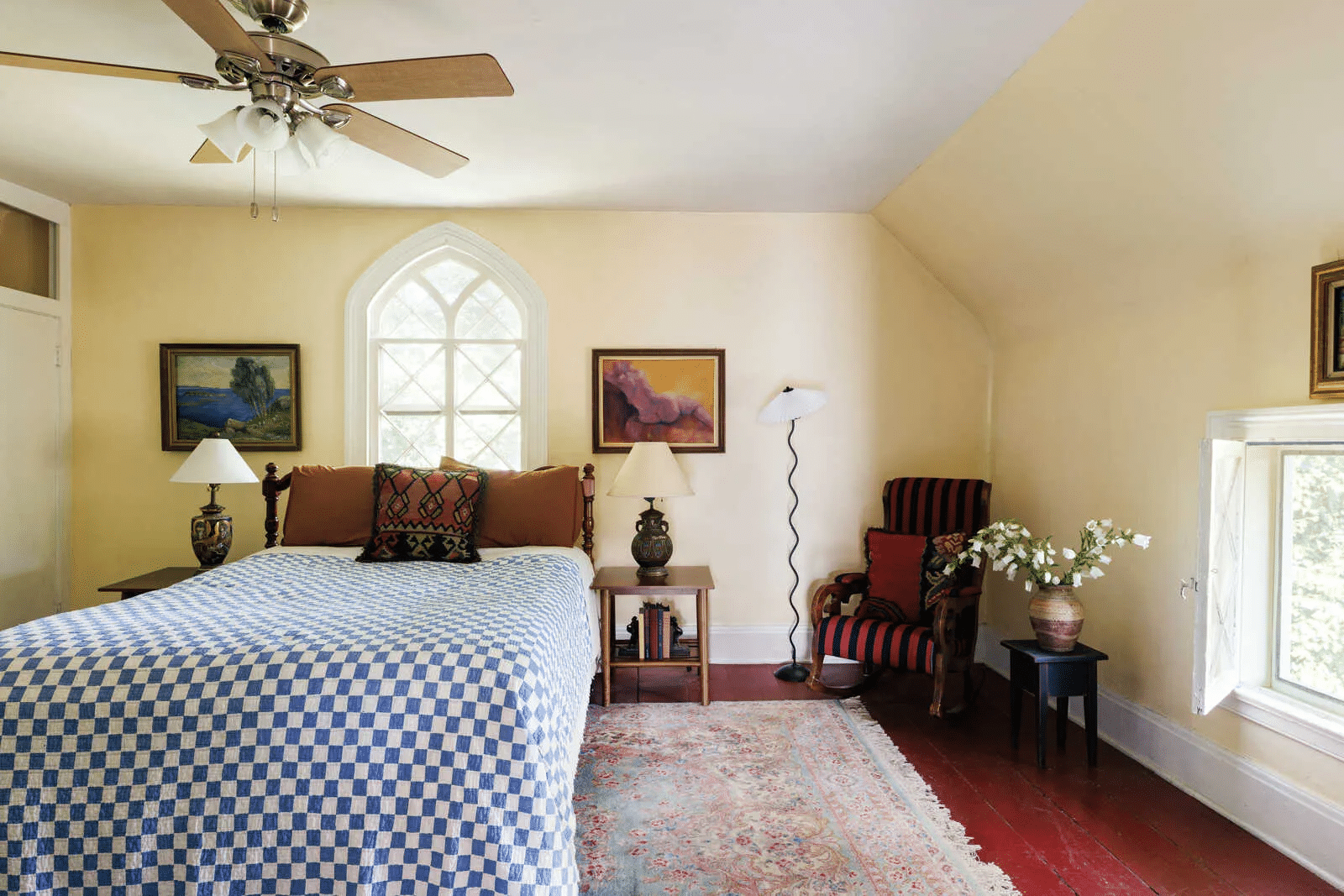 bedroom with gothic arch window