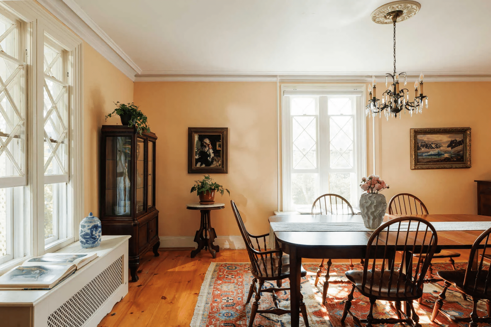 dining room with two exposures, wood floor