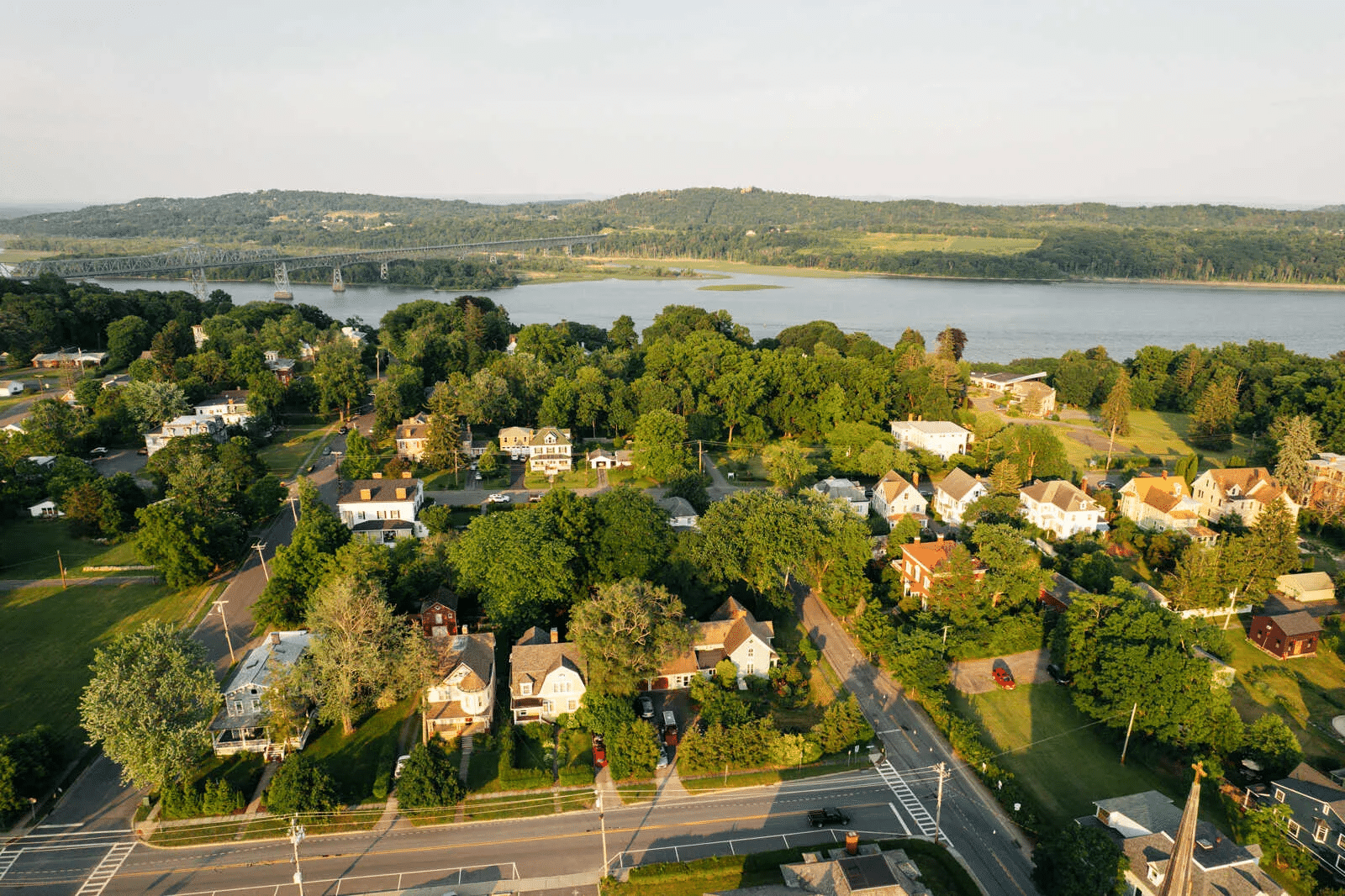 aerial view of neighborhood showing the hudson river