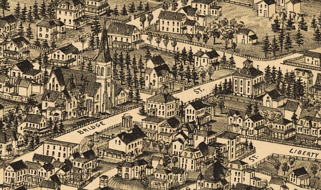 birds-eye drawing showing densly built streets in catskill