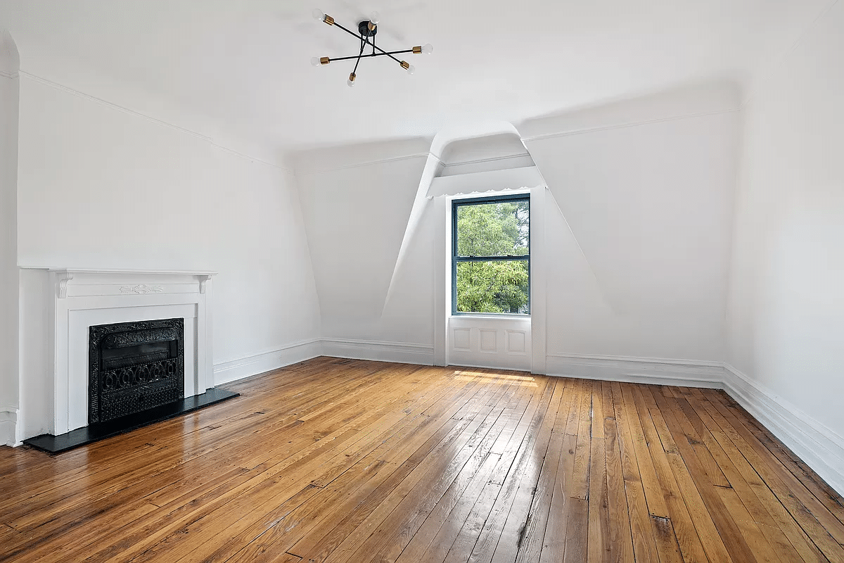 crown heights - living rom with wood floor, mantel