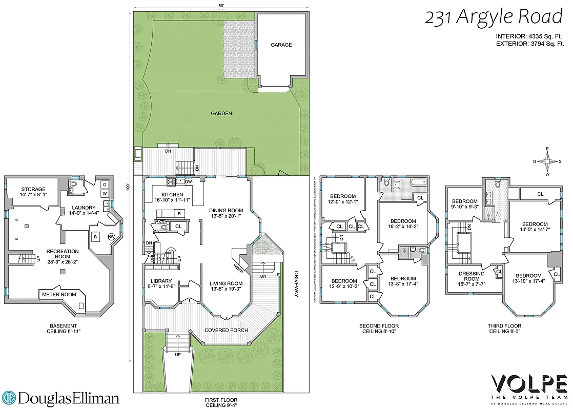 The floor plan shows two floors with bedrooms, a basement with laundry room and kitchen on the main level.