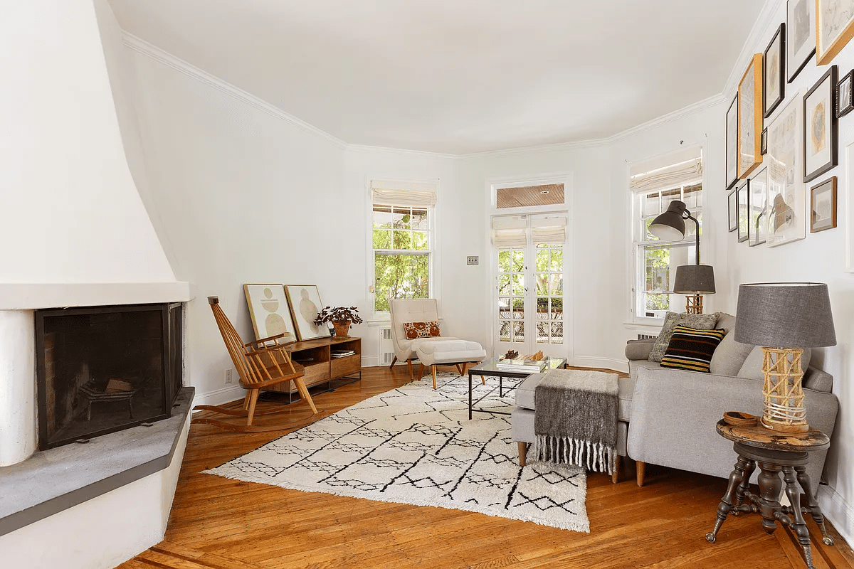 flatbush - living room with fireplace, french doors to porch