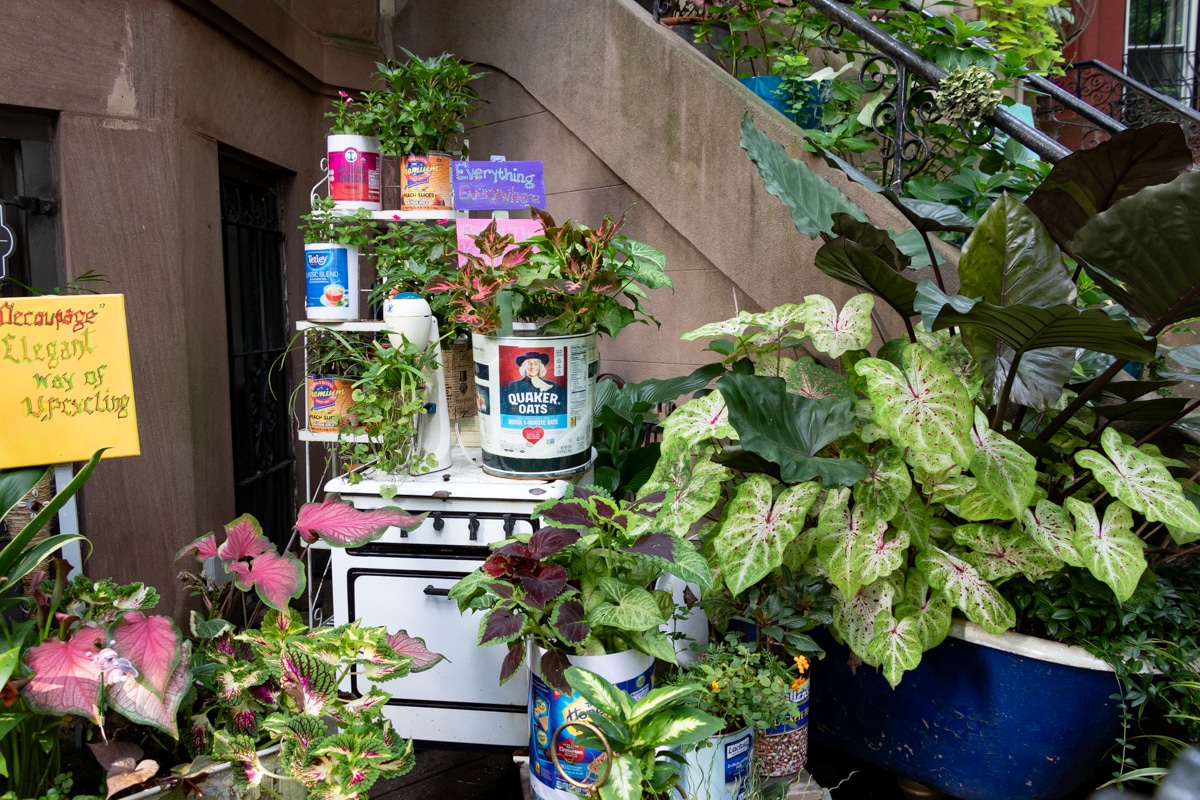 a front garden with a vintage stove and tin cans with plants