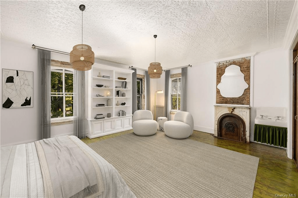 bedroom with tin ceiling, two exposures