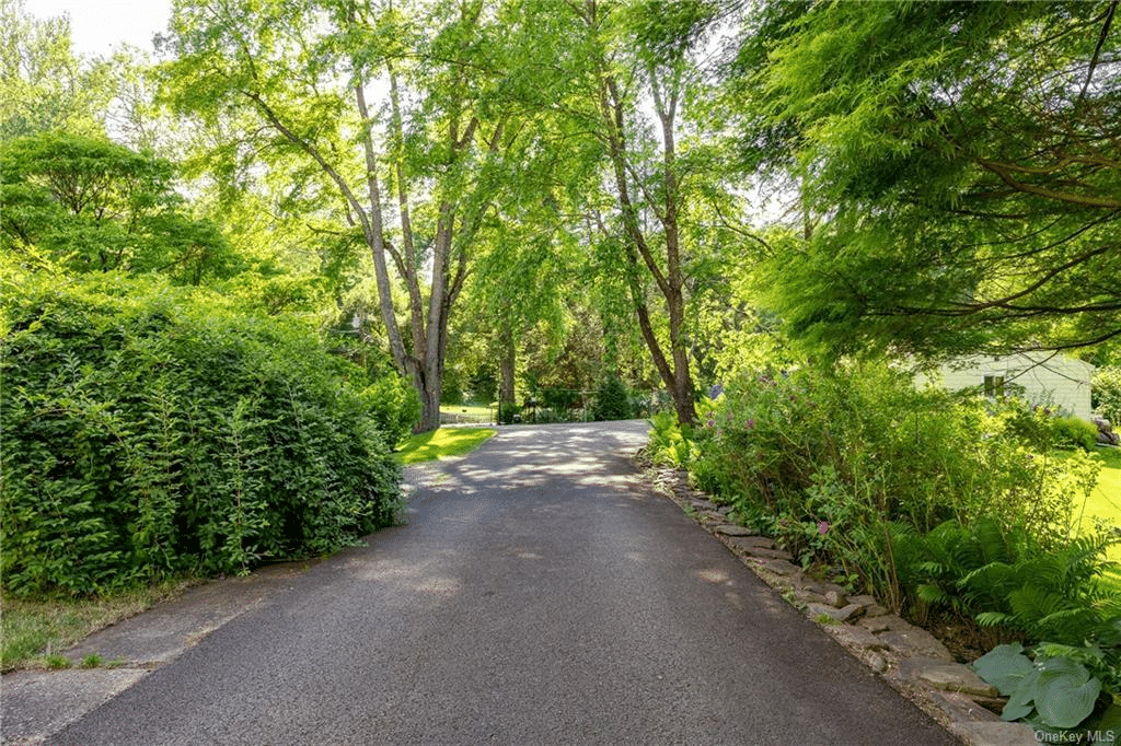 driveway with trees and plantings on either side