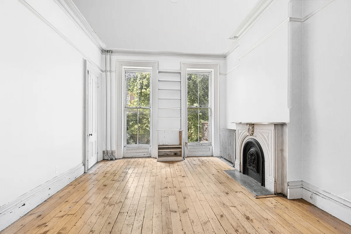 brooklyn -interior with wood floor, marble mantel