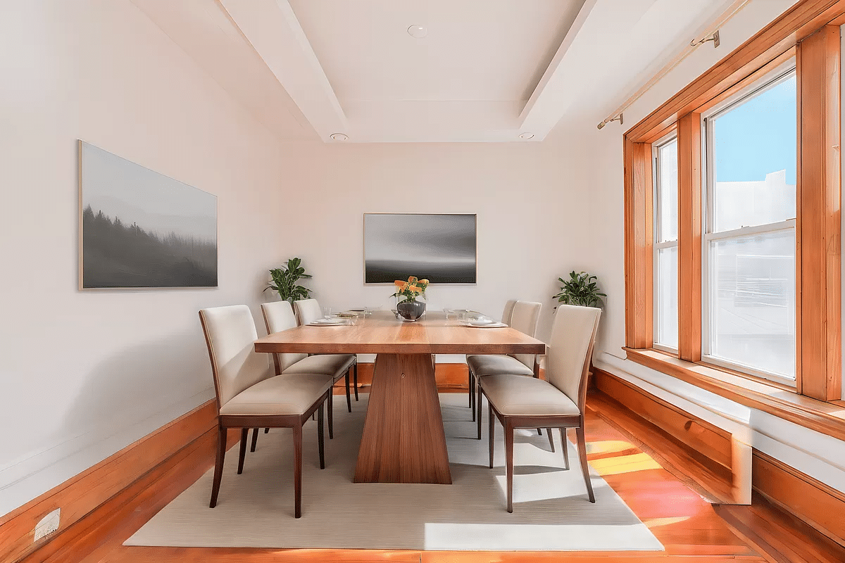 virtually staged dining room with wood floor, room for table