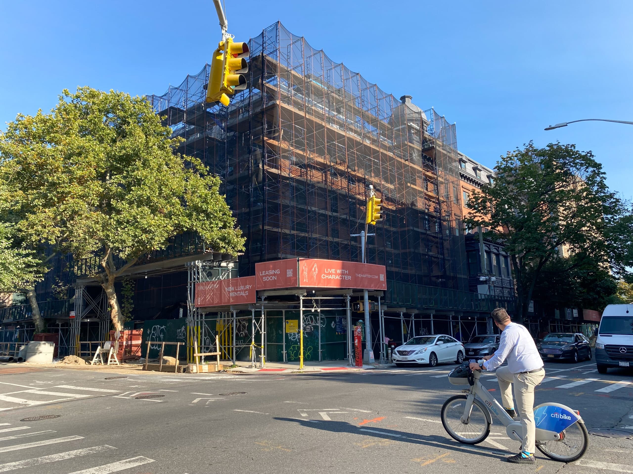 the new building on scaffolding and netting