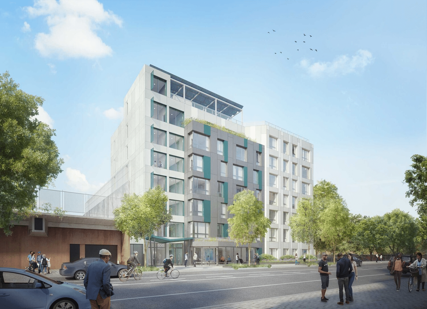 rendering of a white and gray building with green accents