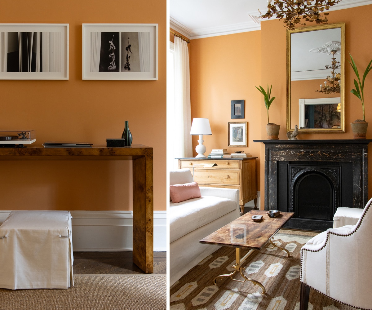 console table with a turntable and a view of the mantel