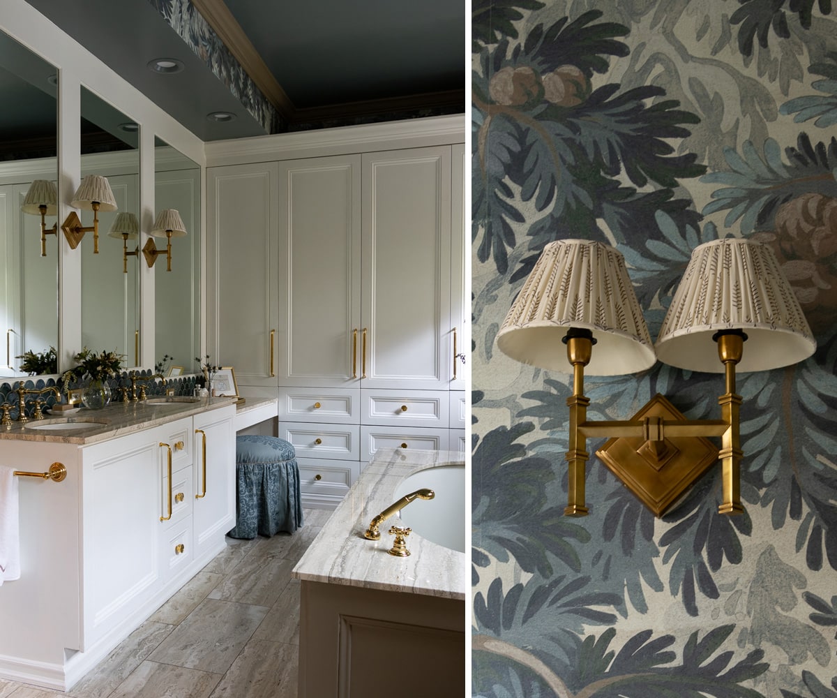 bathroom with built-in cabinetry and a wallpaper in blues and greens