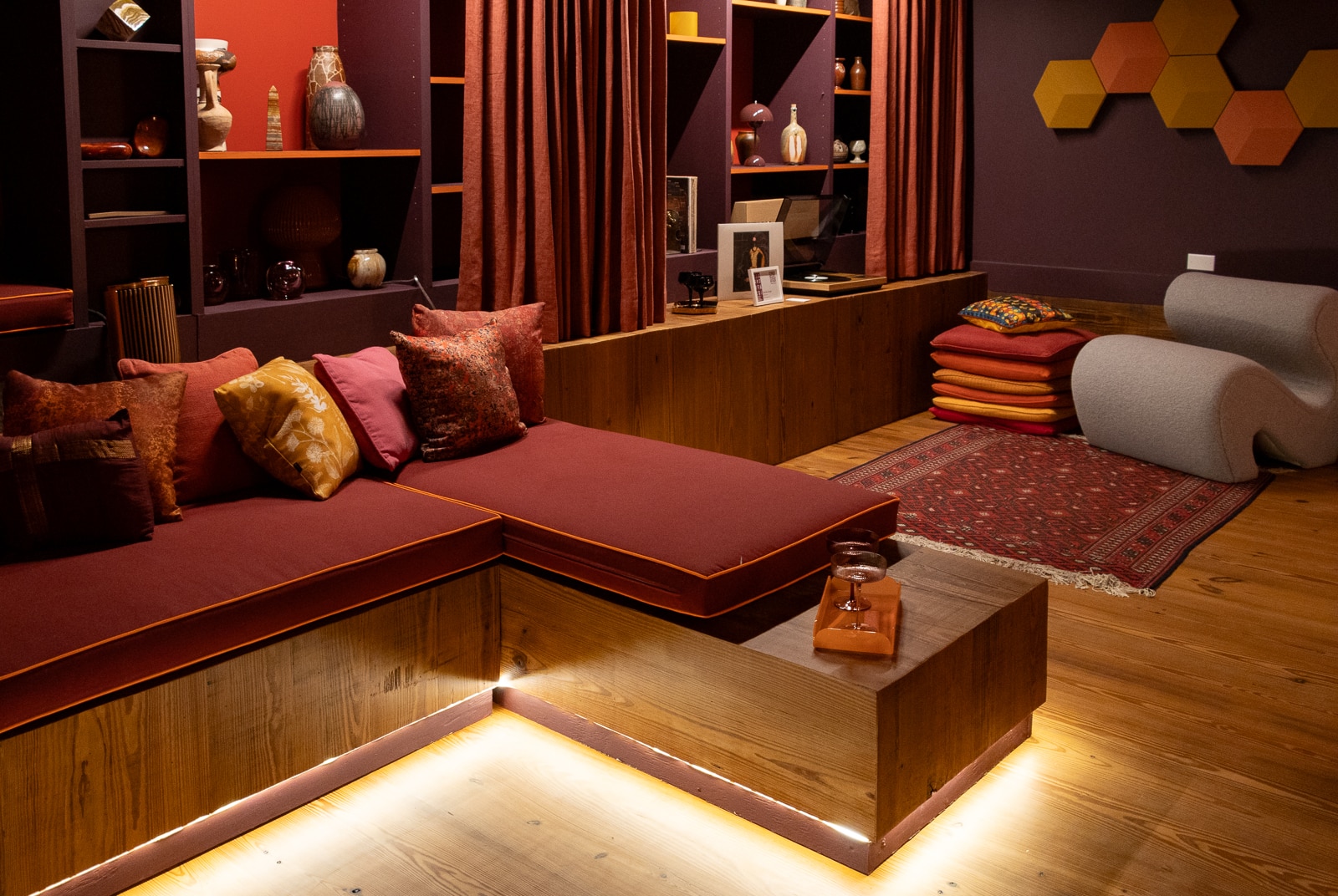 media room in reds, oranges and purples