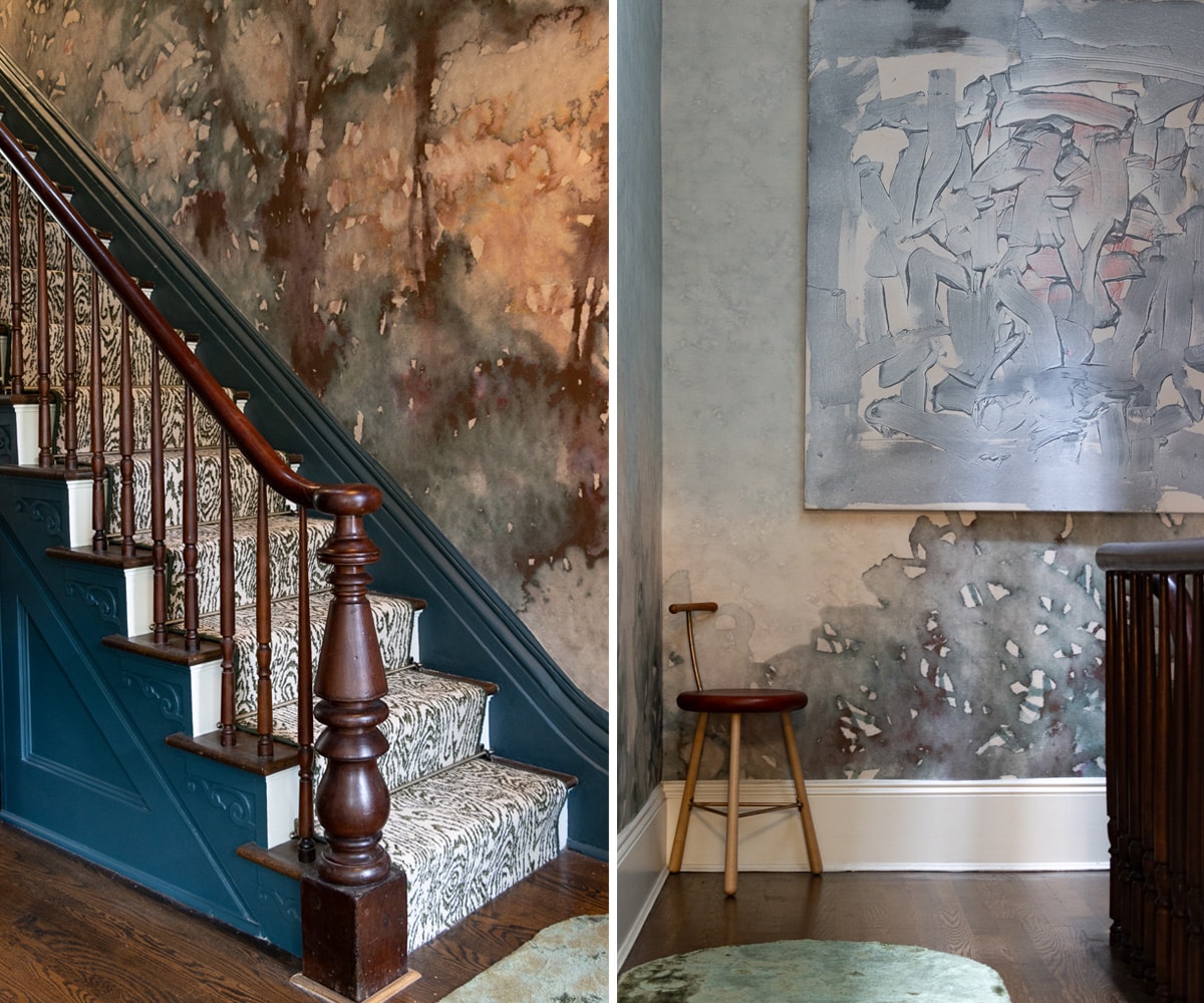 wood grained carpet runner going up a staircase and a watercolor like wallcovering