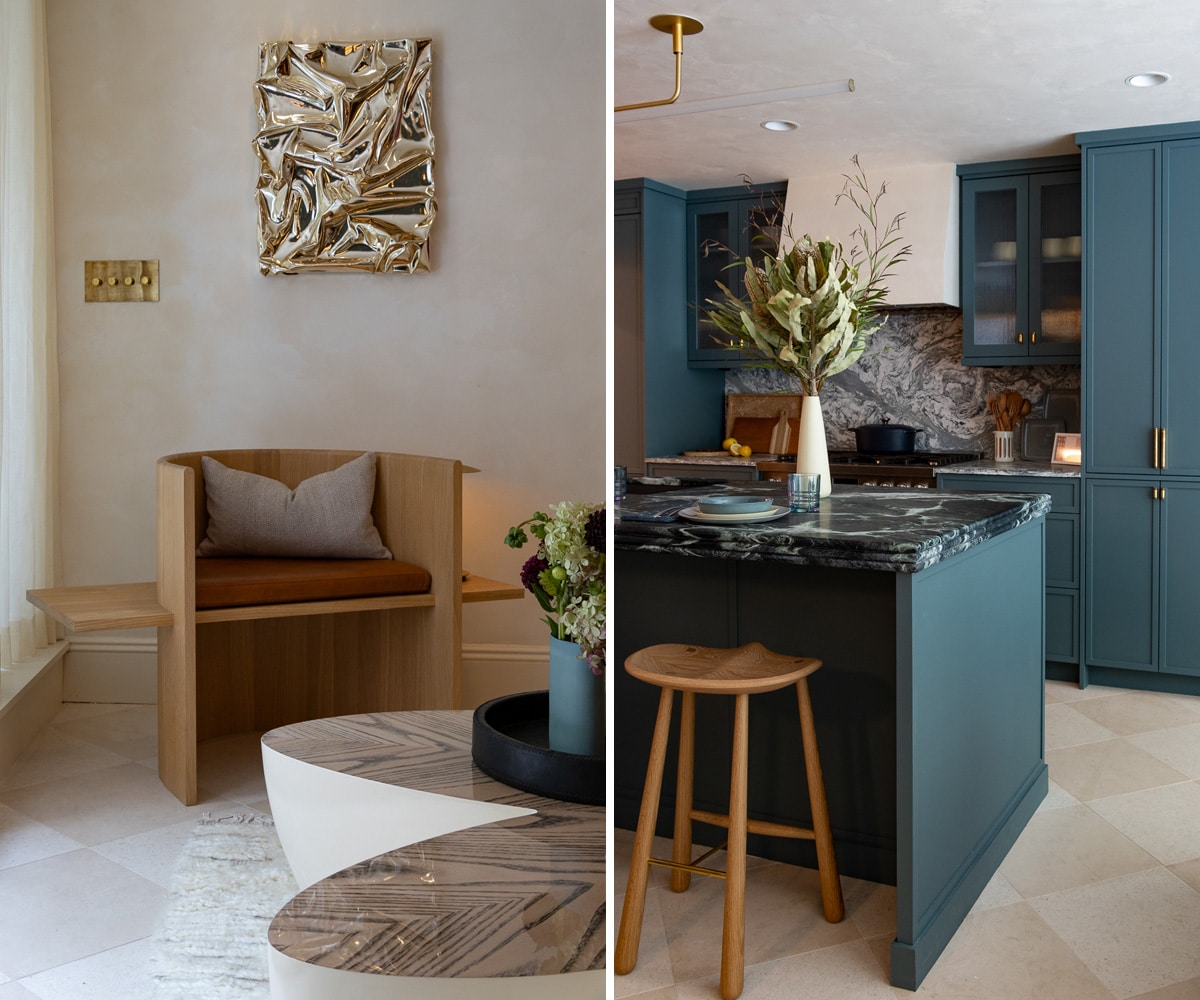 a seating area and the blue island of the kitchen