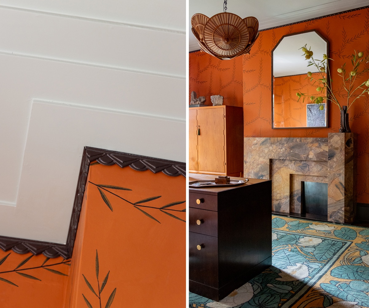 molding detail and a view of the custom stone fireplace