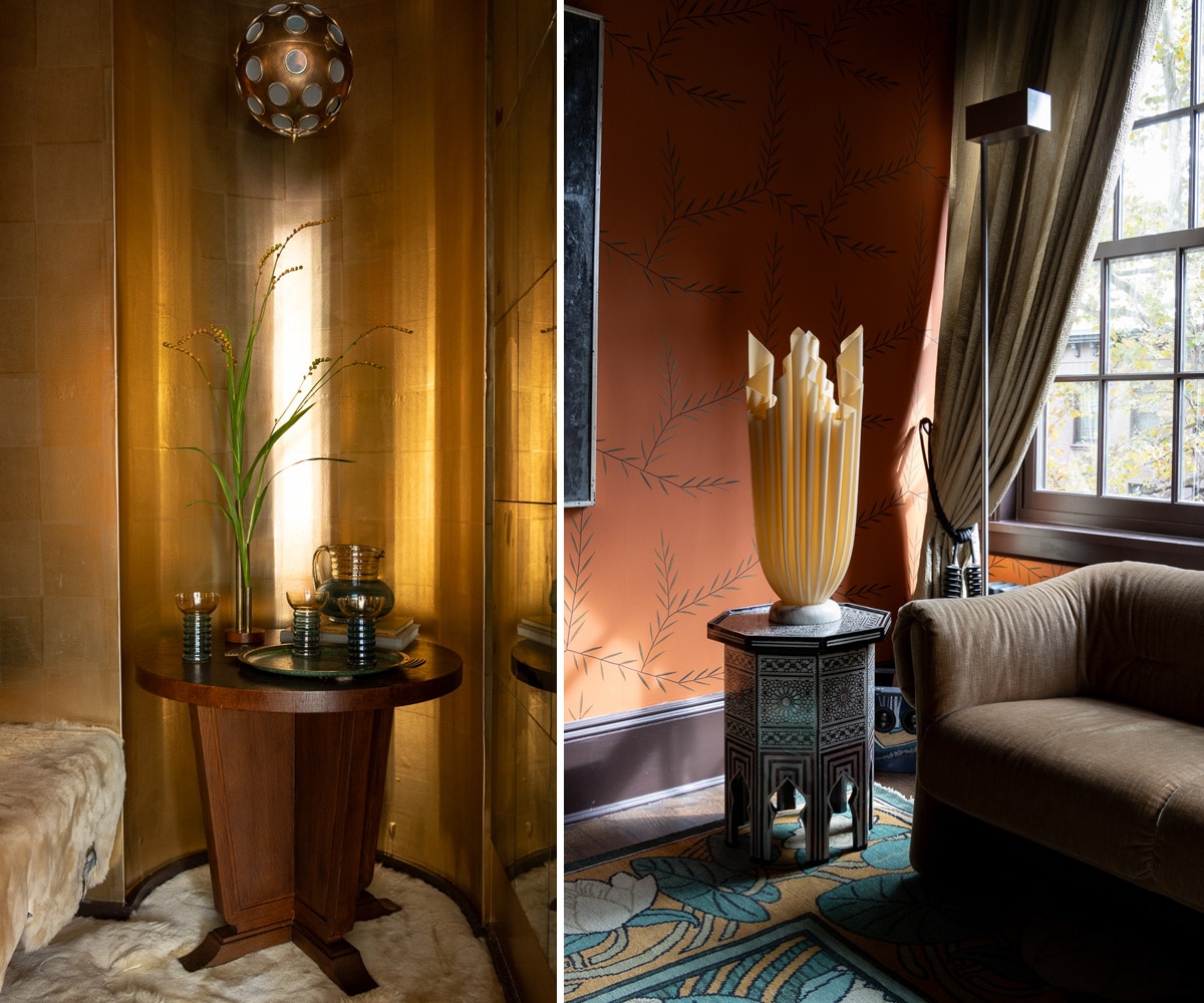 a gold bar in a closet and a corner of the study with sculpture and sofa