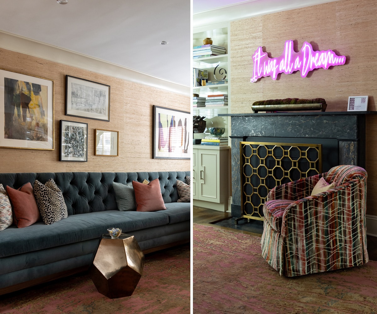 dining room with blue banquette and a neon sign with "it was all a dream"