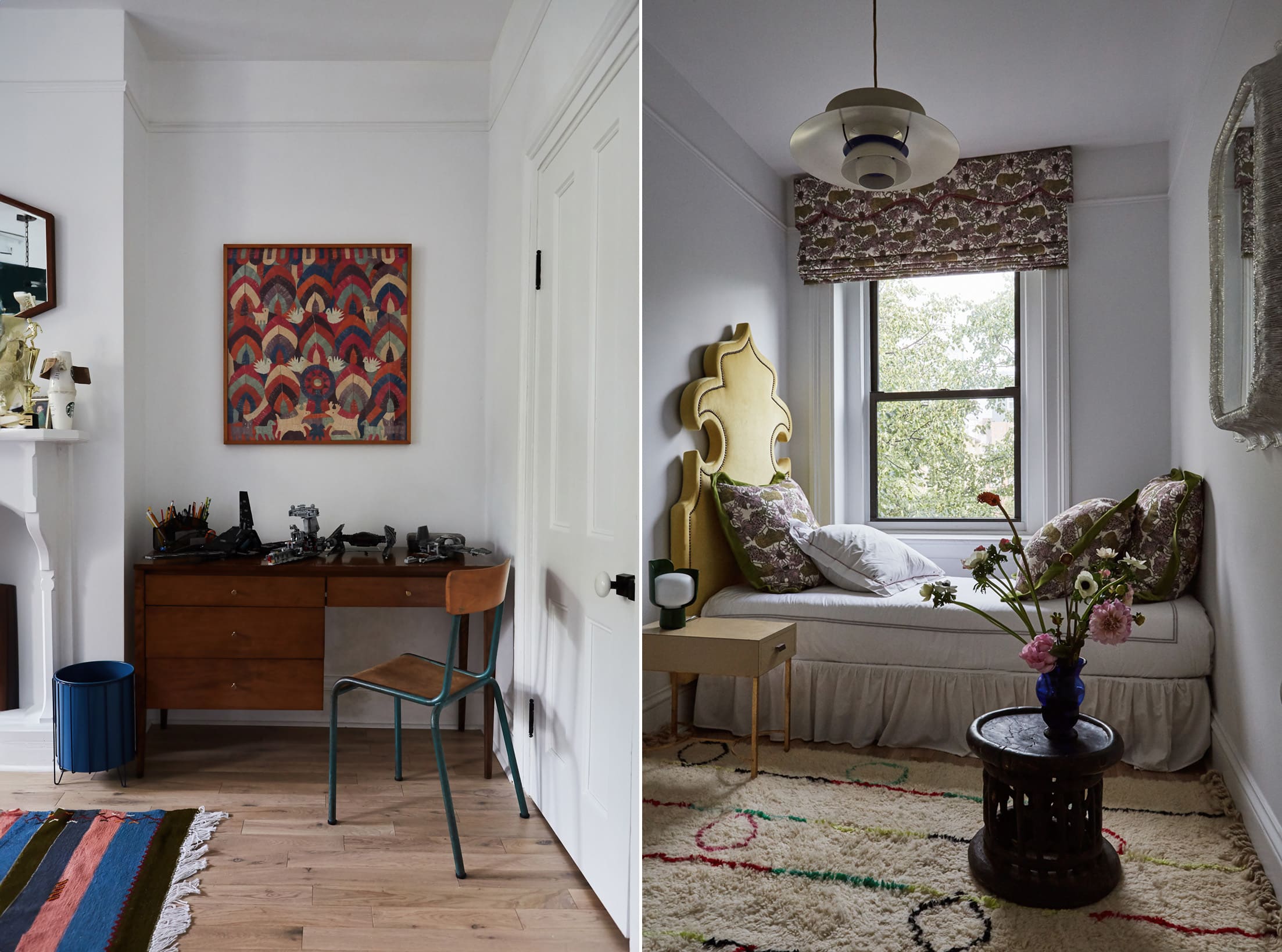 Left: A framed Mexican textile and a vintage Danish desk and chair in one of the boys' rooms were travel finds. Right: A regal headboard upholstered in yellow cotton velvet, along with a Roman shade and pillows of Hello Yarrow fabric by Abigail Borg, make something special and summery of a small guest room