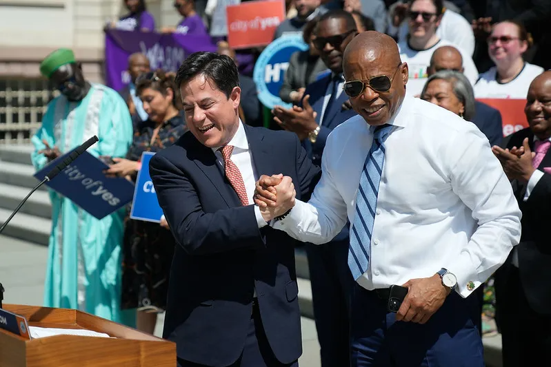 Mayor Eric Adams and City Planning Commissioner Dan Garodnick (left) at an April rally for his ‘City of Yes’ housing zoning changes.