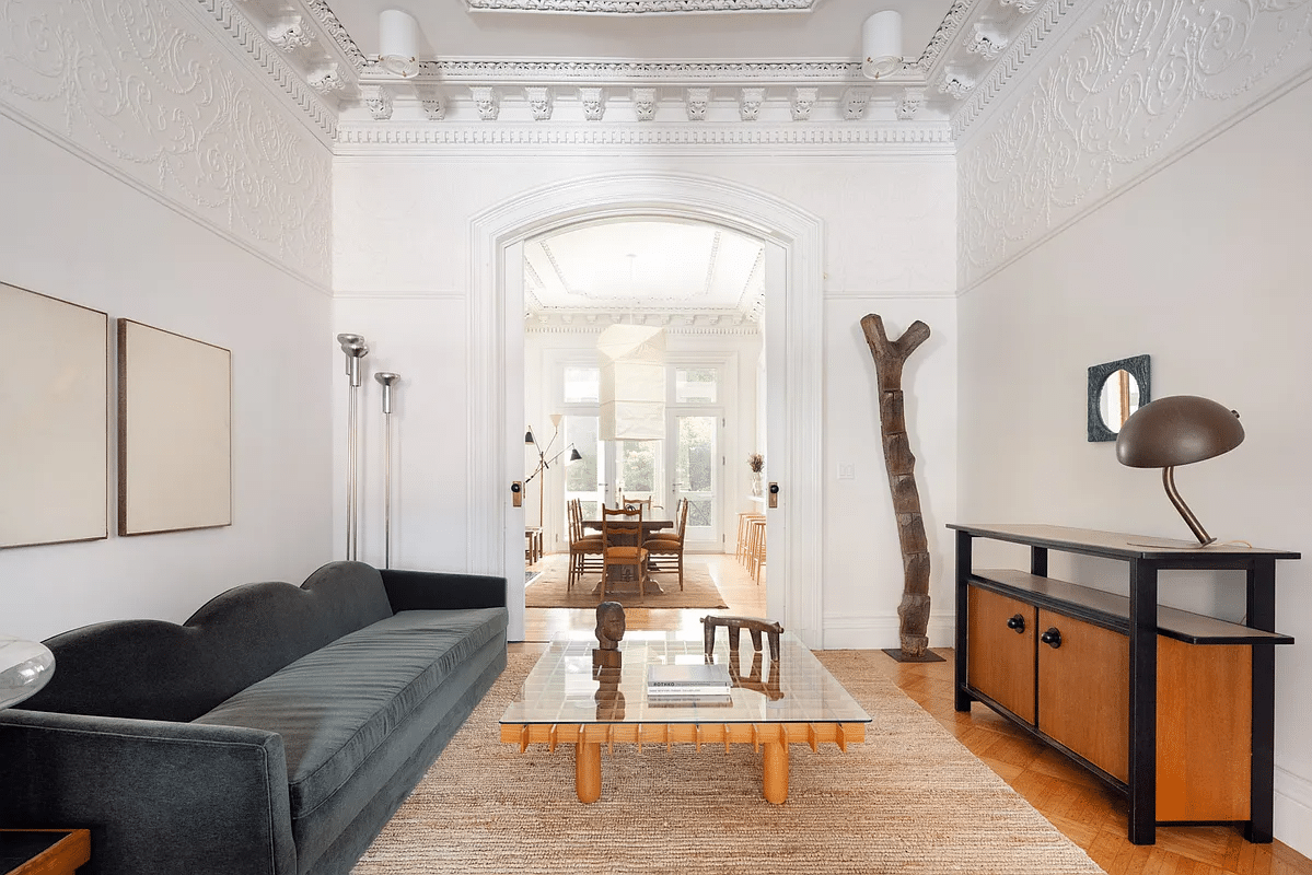 cobble hill - parlor with plasterwork, wood floor