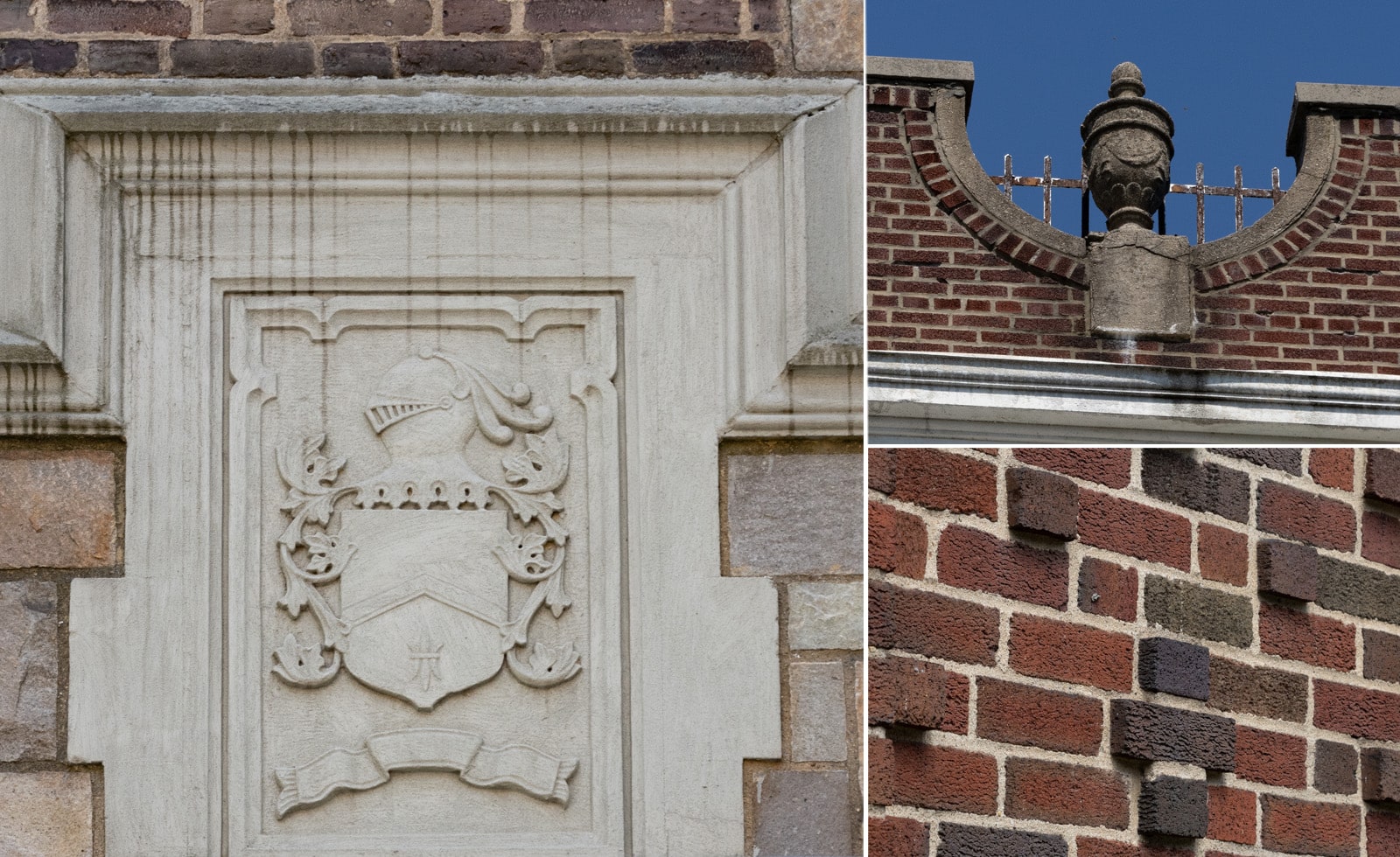 closeups of architectural details including brickwork. decorative stonework