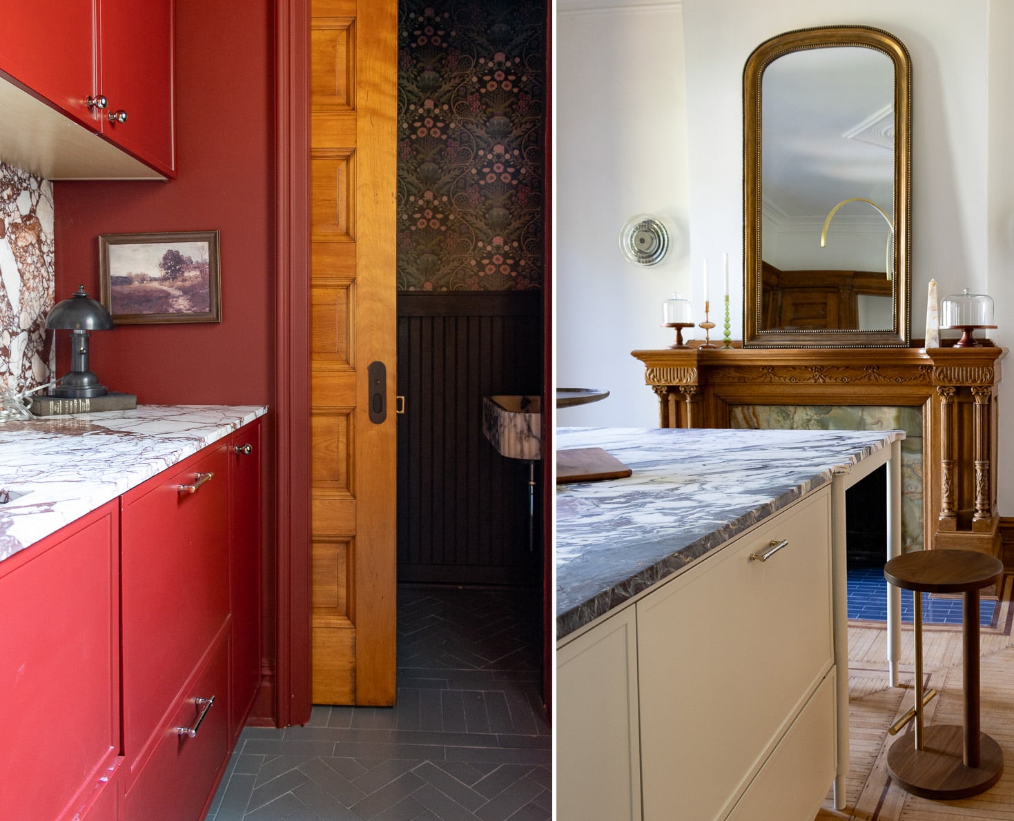 red pantry cabinets, manel in the kitchen