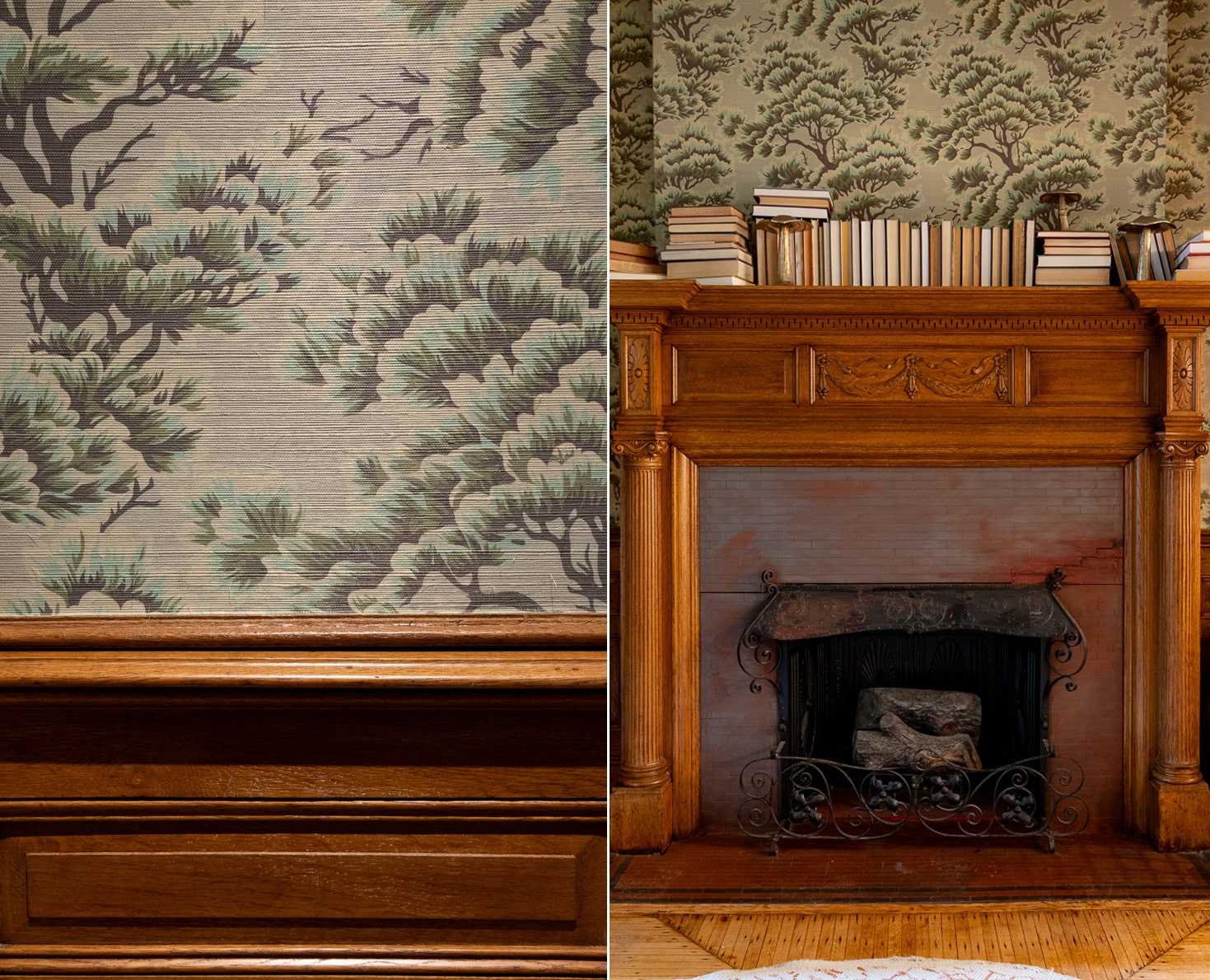 tree wallpaper and a mantel