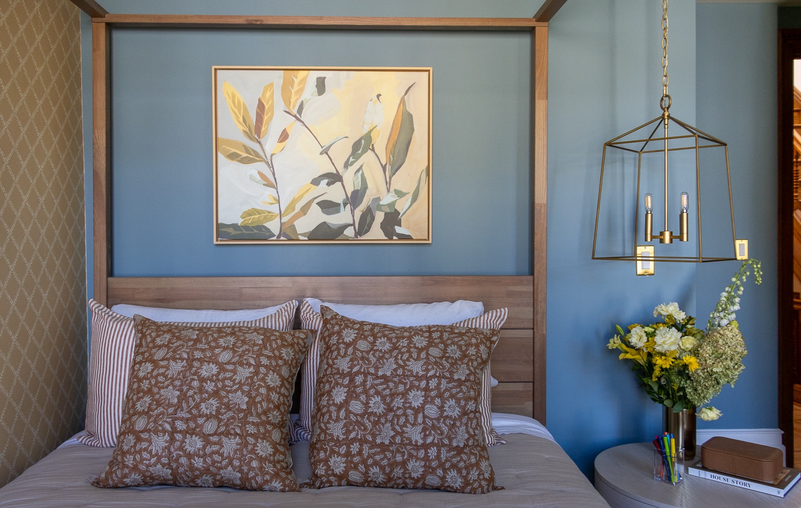 bedroom with a blue wall