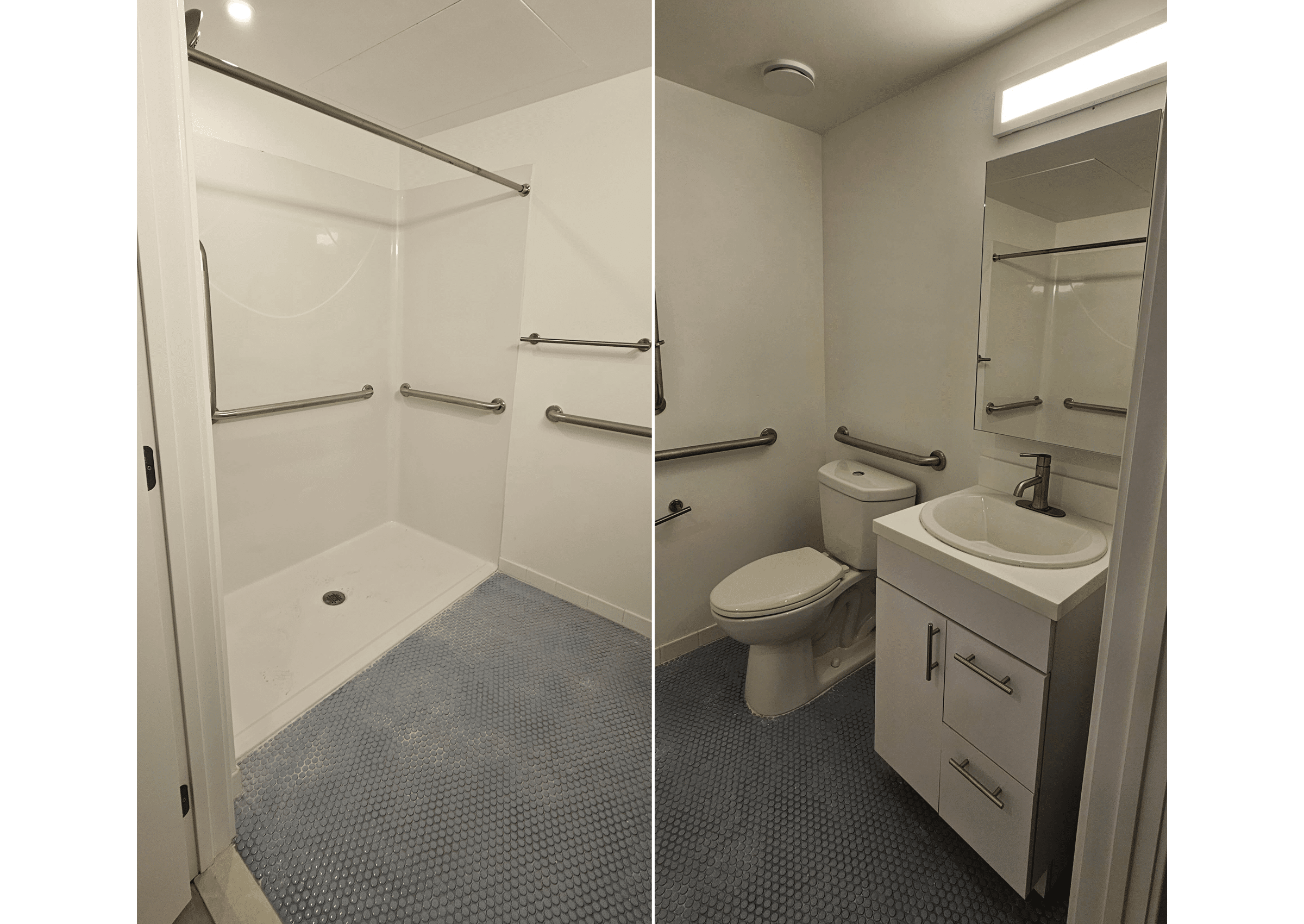 bathroom with walk-in shower, white vanity