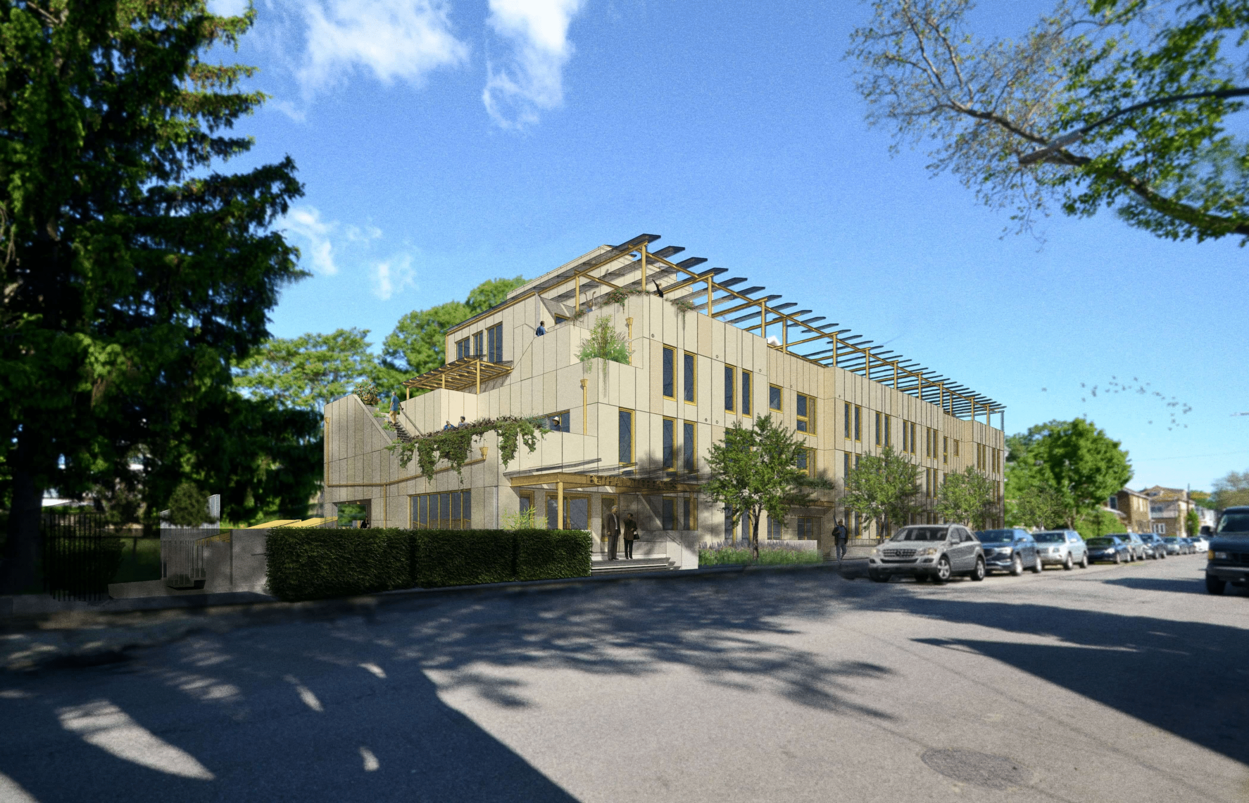 rendering showing multi-story building topped by a pergola