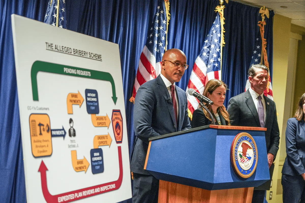 US Attorney for the Southern District of New York Damian Williams explains the indictment of two retired Fire Department chiefs at a press conference