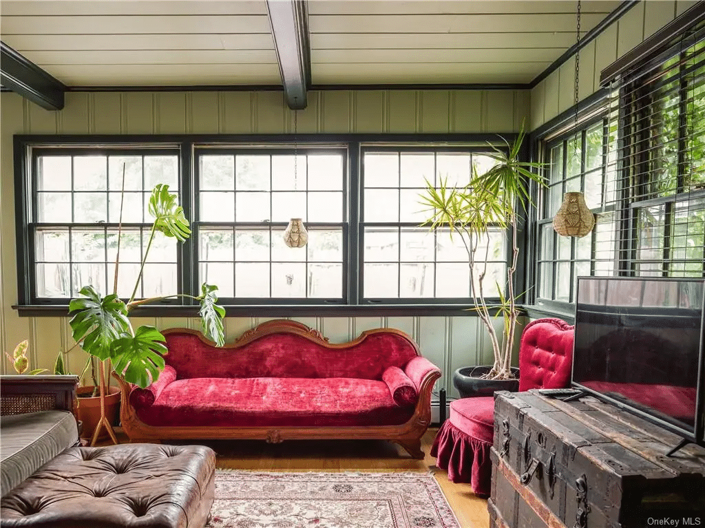 rear family room with two exposures, beamed ceiling