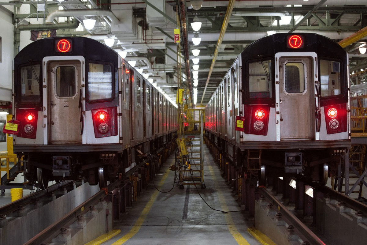 No. 7 trains sit in an MTA maintenance facility near Citi Field, Sept. 18, 2024.