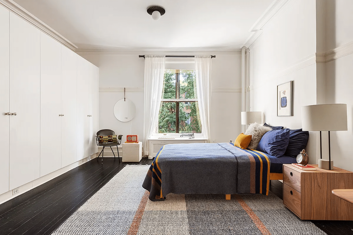 bedroom with painted wood floor