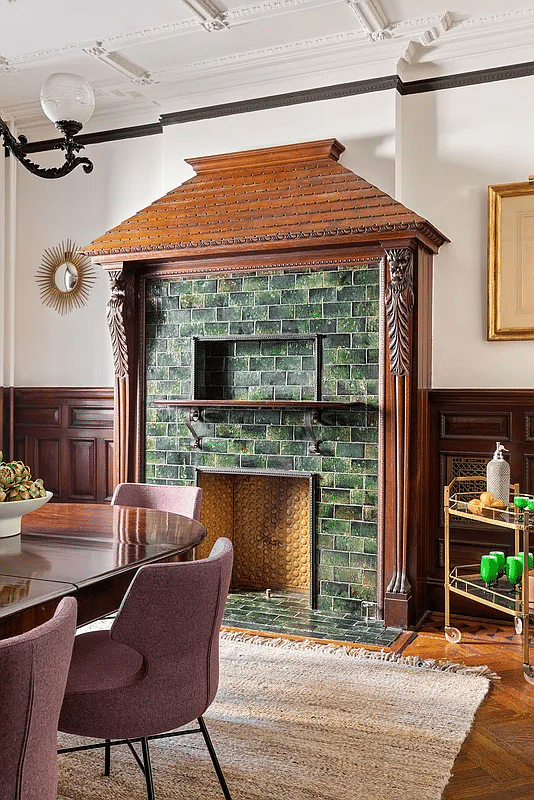 dining room mantel with green tile