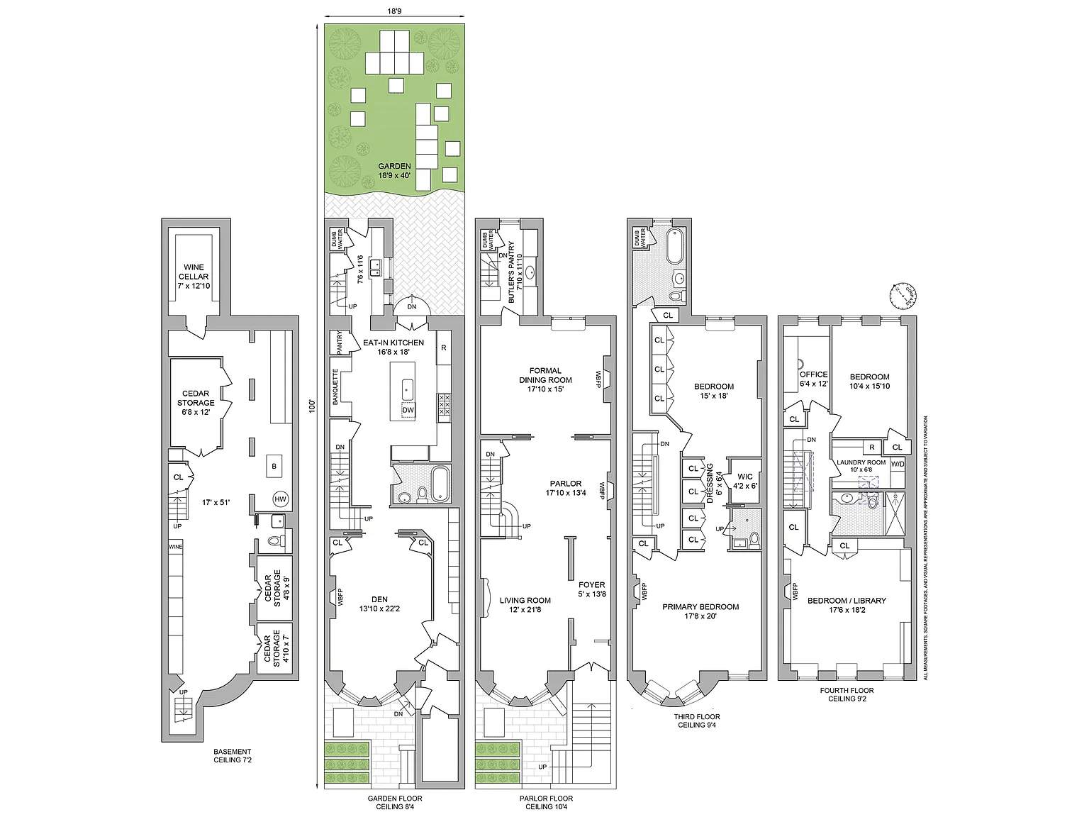 floorplan showing kitchen on garden level and two floors of bedroom space above the parlor