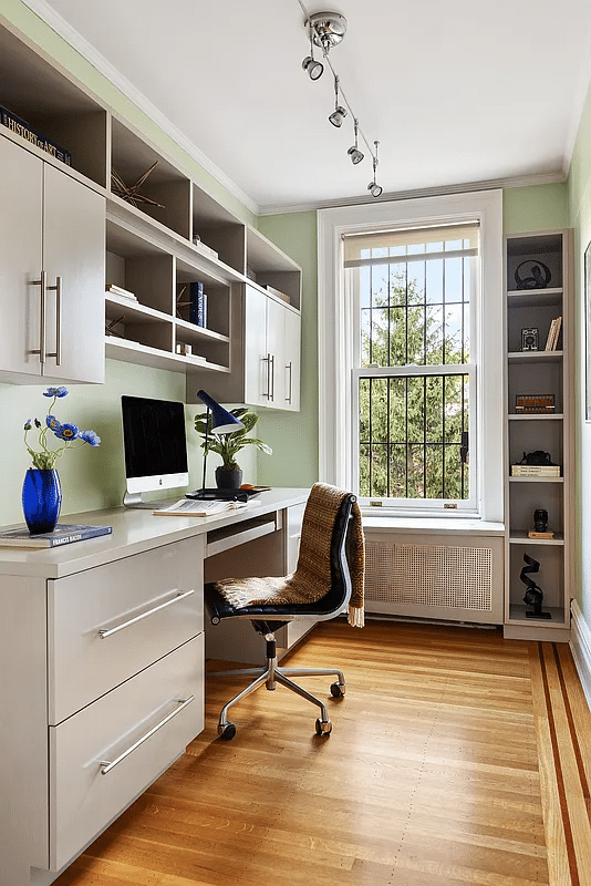 narrow office with wood floor