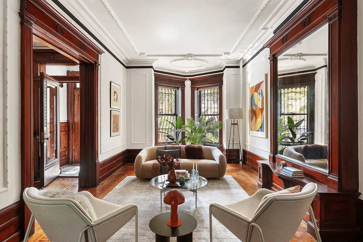 park slope - parlor with mirror, plasterwork and wall moldings